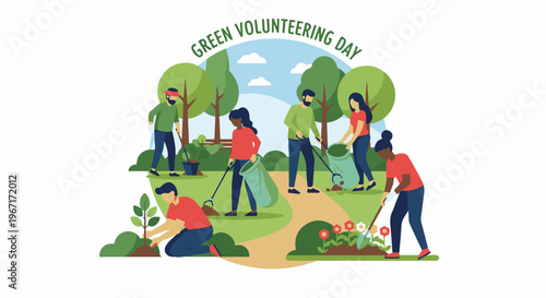 Diverse volunteers planting trees and cleaning up a park on Earth Day