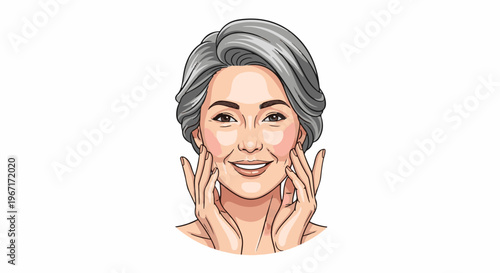 Mature woman with gray hair, smiling, touching her cheeks