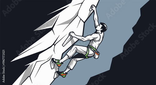 Muscular man ascends steep rock face, determined expression, athletic