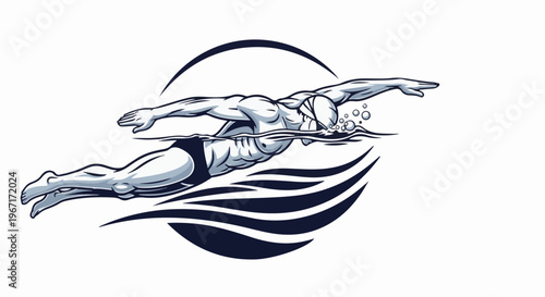 Muscular swimmer in a dynamic pose with abstract water design