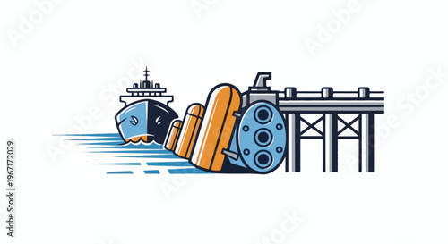 Cargo ship and industrial tanks at a pier