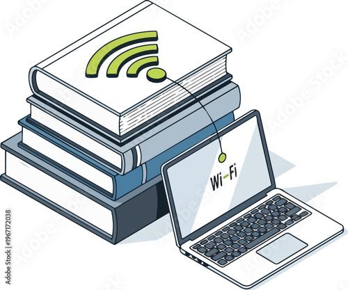 E-Learning and Digital Education Concept with Isometric Books Stack and Laptop Connected by Wi-Fi Signal, Modern Online Library Illustration