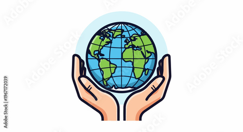 Hands cradle a colorful illustrated planet Earth under a light blue halo