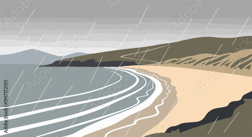 Moody coastal scene with rolling hills and a curved beach under falling rain