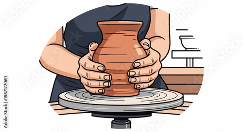 Hands shaping a clay pot on a spinning wheel