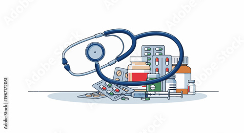 Medical supplies including a stethoscope, pills, bottles, and a syringe