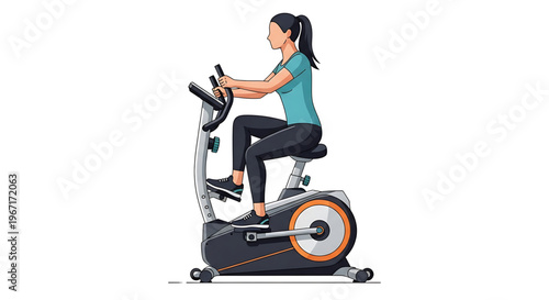 A woman exercises on a stationary bike in a modern fitness setting