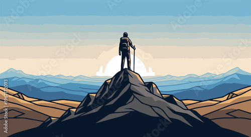 Hiker reaching a summit at sunrise, overlooking distant blue mountains