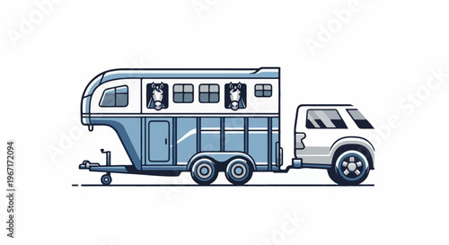 Horse trailer towed by a white vehicle with horses peeking out