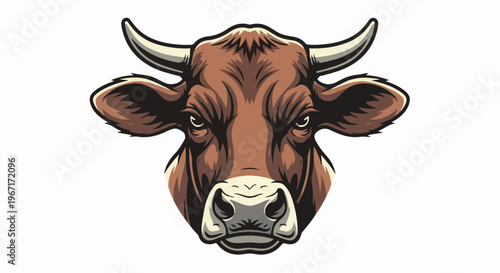 Fierce brown bull head with detailed horns and intense gaze