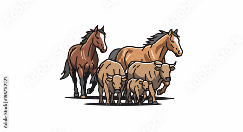 Group of horses and cattle in motion