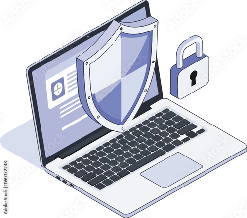 Isometric Cyber Security Illustration with Laptop Shield and Padlock for Data Protection and Network Safety