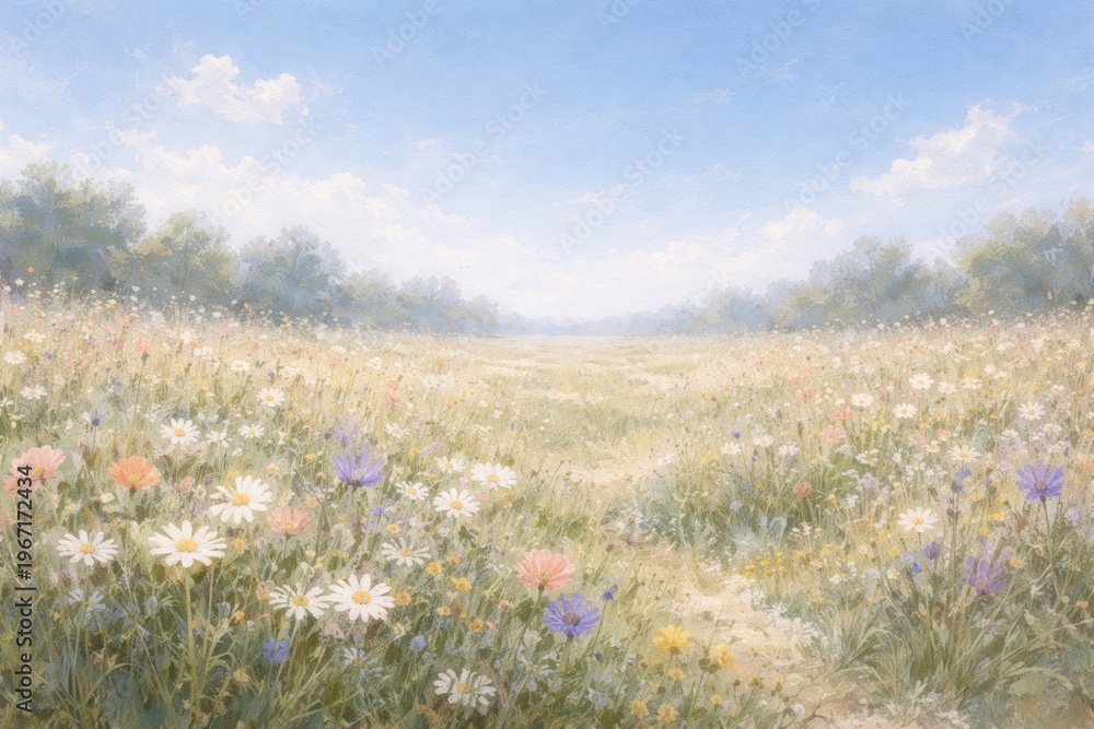 Obraz premium Serene meadow with blooming flowers.