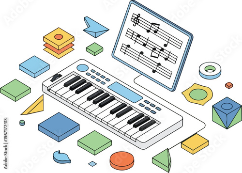 Isometric MIDI Keyboard and Digital Tablet with Music Notation for Creative Production