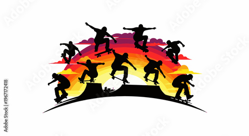 Multiple skateboarders performing aerial tricks against a colorful sunset gradient