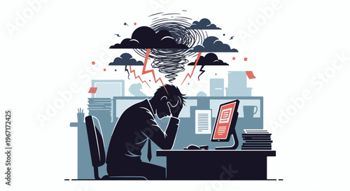 Overwhelmed office worker battling mental storm and deadlines at desk