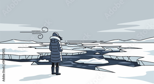Person in parka observes icy expanse under windy sky
