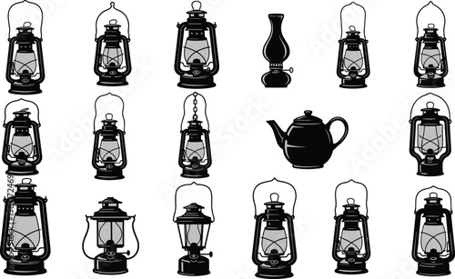 Lantern silhouettes collection with vintage oil lamps kerosene glass enclosures metal frames teapot odd one out design vector illustration artwork set