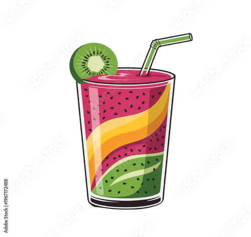 Glass of layered tropical fruit smoothie with kiwi slice and green straw vector illustration EPS PNG file
