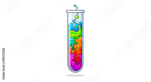 A colorful vector illustration of a test tube filled with vibrant liquids and bubbles