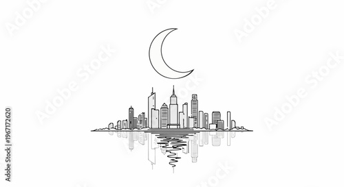 Minimalist depiction of a crescent moon over a city skyline reflected in water