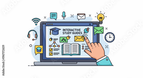 Hand interacting with laptop displaying interactive study guides and learning icons