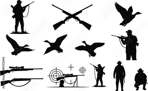 Set of black hunting silhouettes featuring hunters with rifles, flying ducks, geese, shotguns, and target aims for outdoor sport and wilderness.
