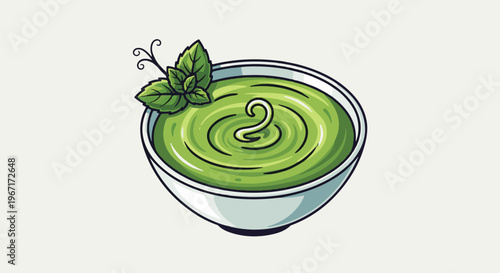 Green creamy substance with mint leaves in a white bowl