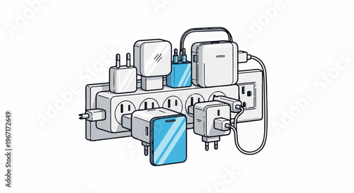 Overloaded power strip with numerous adapters and chargers plugged in
