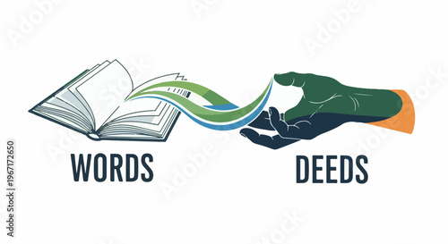 Open book with flowing lines connecting to a hand, representing words becoming actions