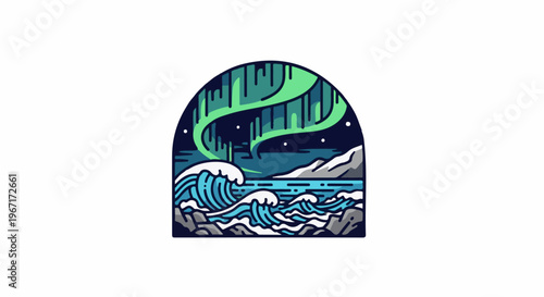 Northern lights dance over crashing waves and rocky shore under a starry sky