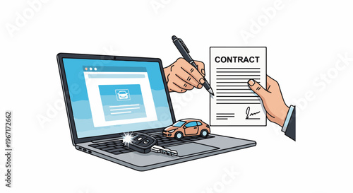 Digital car contract signing with laptop, key, and car icon