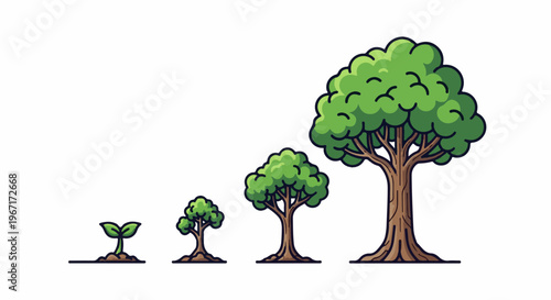Four pixelated trees shown in progressive stages of growth from sprout to mature