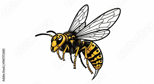Detailed illustration of a yellow and black wasp in flight on a white background