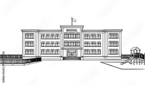 School building exterior black and white line art vector with entrance windows and flagpole in clean architectural style
