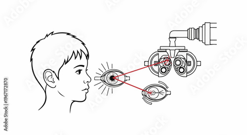 Outline illustration of a child undergoing an eye examination with a phoropter