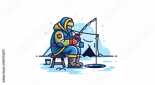 Person ice fishing in winter, wearing warm clothes, sitting on stool