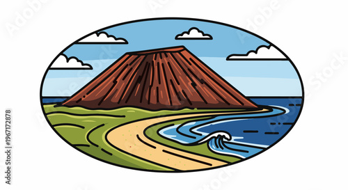 Oval illustration of a conical mountain by the sea with clouds