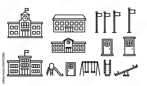 School building and campus elements black and white vector set with classrooms windows and playground in minimal outline icon style