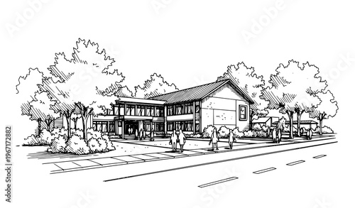 School exterior sketch vector in black and white with building trees and students in perspective hand drawn style
