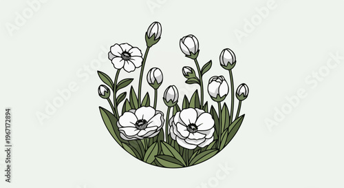 Delicate white flowers with dark centers and green buds bloom in a stylized arrangement