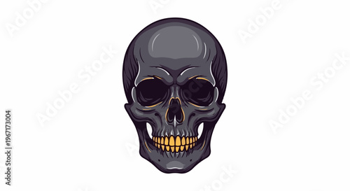 Dark, detailed skull illustration with hollow eyes and yellow teeth