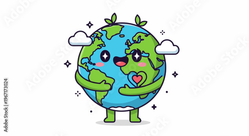 Cute planet Earth with arms embracing, sprouts, clouds, and stars