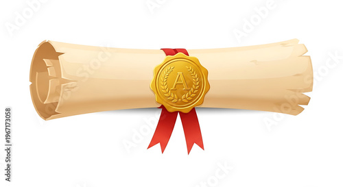 A vector graphic illustration of a rolled parchment with a gold seal and red ribbon, symbolizing achievement and recognition.