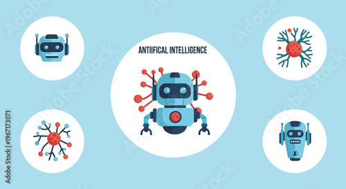 Artificial Intelligence, Robot, Vector Icons, Blue and Red, Technology Symbols