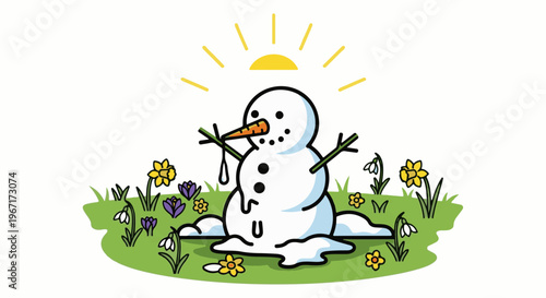 Melancholy melting snowman under a cheerful sun surrounded by spring flowers