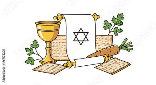 Passover Day Celebration Symbols Religious Food Chalice Matzah Scroll and Carrot