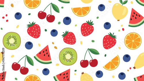 Vibrant and colorful seamless pattern featuring an assortment of fresh fruits like strawberries, cherries, kiwi, oranges, and watermelon slices.