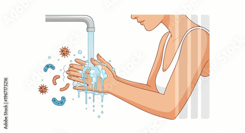 Person washing hands under running water with soap and germs around