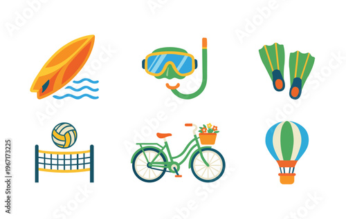 Colorful Outdoor Activity Icons Set with Kayak Snorkel Fins Bicycle Volleyball and Hot Air Balloon